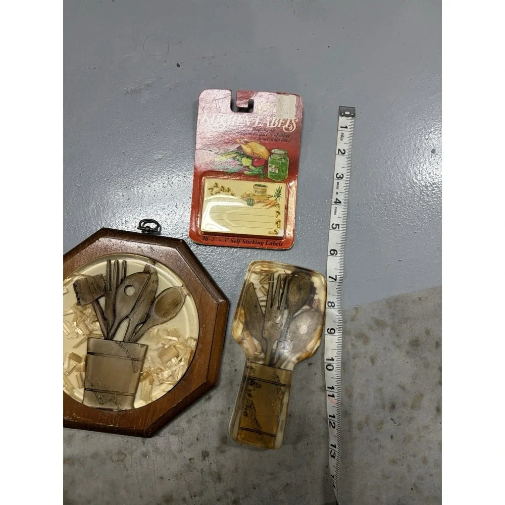 Lucite Spoon Rest & Trivet with Wood Utensils in Wood Holder 1970s Retro Vintage